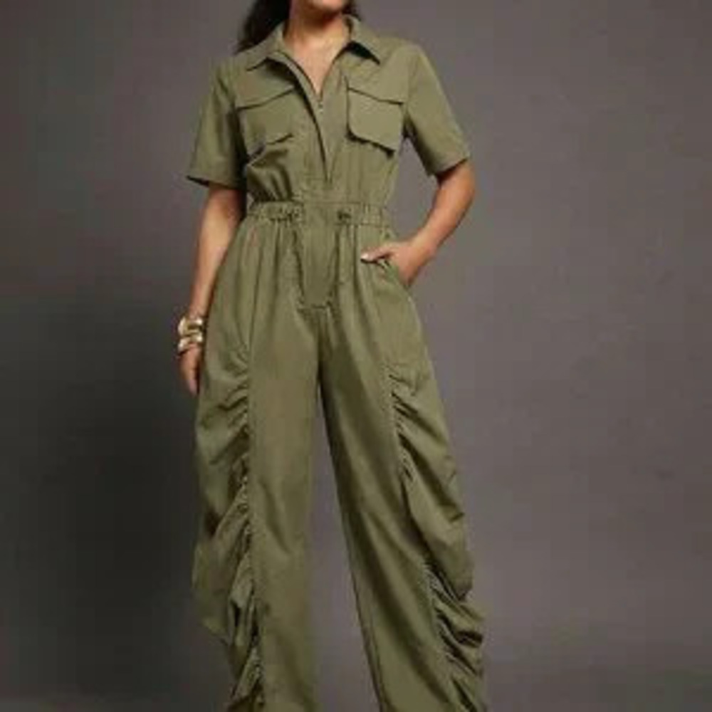 Green Casual Women's Ruched Wide Leg Drawcord Waist Utility Jumpsuit